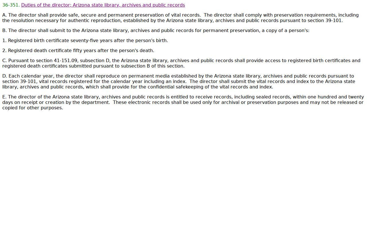 Arizona statute governing public historical vital records used in Yavapai County genealogy