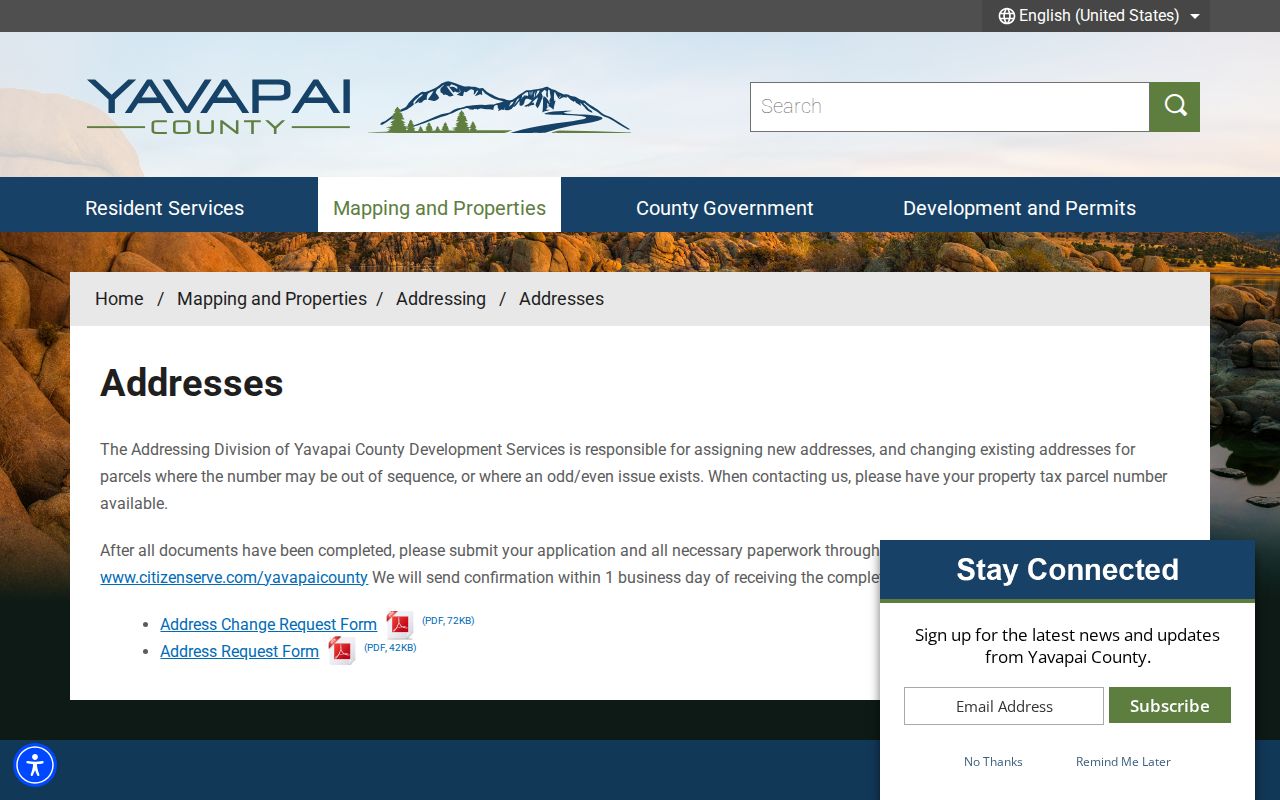 Yavapai County Addressing page for street number assignment and changes
